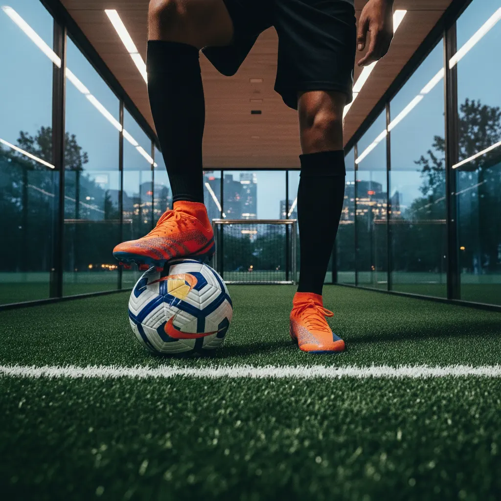 Close-up of a player's foot over a soccer ball.